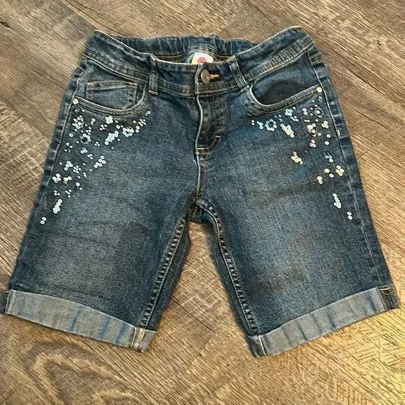 Total Girl Girls Size 10 Denim Bermuda Shorts Sequin Y2K Cuffed - Picture 2 of 8
